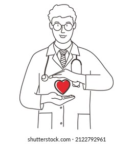 Doctor Cardiologist And Healthy Heart Concept. Man Holding Heart. Hand Drawn Vector Illustration. Black And White.