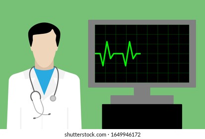 Doctor cardiologist with heart monitor with green heartbeat. February is heart month. Vector stock illustration