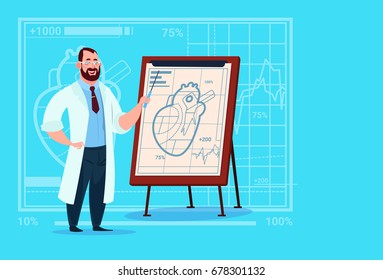 Doctor Cardiologist Over Flip Chart With Heart Medical Clinics Worker Hospital Flat Vector Illustration