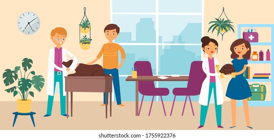 Doctor care animal dog turtle, veterinary surgeon care beast life cartoon vector illustration. Medical examination room, modern character male female vet medical employee, design therapeutic place.