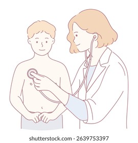 A doctor carefully examines a young boy using a stethoscope in a friendly medical setting to ensure health