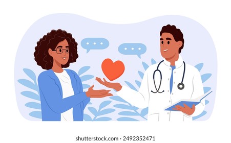 A doctor cares for his patient, giving love and support. World Patient Safety Day. Vector flat illustration