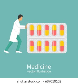 Doctor carries blister capsule pills. Medications concept. Pills to patient. Vector illustration flat design. Isolated on background. Medicine background. Doctor of first aid giving medicine.