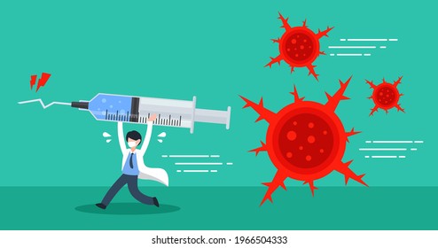 The doctor carry broken vaccine syringe and run away from mutant viruses. Creative concept of coronavirus mutation or covid-19 evolution. Trendy cute cartoon character flat style vector illustration.
