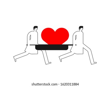 Doctor carry heart on stretcher. vector illustration