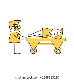 doctor carry patient on bed for covid 19 protection concept	yellow stick figure
