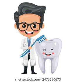 Doctor dibujos animados cepillado de un diente con un cepillo de dientes. Prevención, diagnóstico y tratamiento de las enfermedades de los dientes y las encías. Higiene dental y cuidado bucal. Prevención de caries. Concepto de salud y medicina