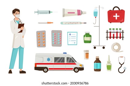 Doctor cartoon character and equipment vector illustrations set. Medical professional in mask, syringe, pills, ambulance car, stethoscope isolated on white background. Professions, medicine concept