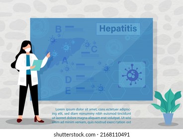 Doctor In Cartoon Character Explaining About Hepatitis With The Giant Computer Screen And Example Texts In A Clinical Room. World Hepatitis Day's Poster Campaign In Flat Style And Vector Design.