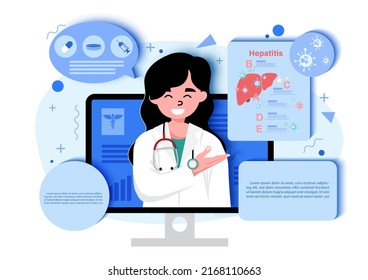 Doctor in cartoon character explaining about hepatitis on the computer screen with example texts on white background. World hepatitis day's poster campaign in papercut style and vector design.