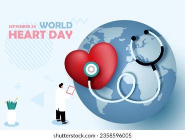 Doctor en caricatura con una gigantesca ilustración del control de enfermedades cardíacas con una redacción del día cardíaco sobre fondo azul. Campaña de afiches del Día Mundial del Corazón en el diseño de vectores.