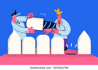 Doctor cartoon character hold tooth place dental implant to patient in dental clinic. Dentists engaged in teeth prosthesis or implantation. Orthodontic care, dentistry concept. Vector illustration. 