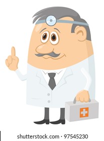 Doctor, cartoon character, man in uniform with first-aid kit and head mirror. Vector