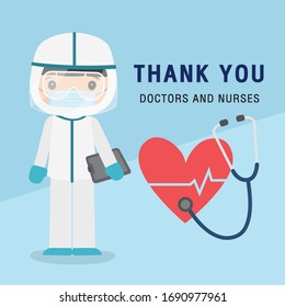 Doctor cartoon character. Thank you doctors and nurses working in the hospital and fighting the coronavirus, Covid-19 Wuhan Virus Disease Vector illustration.