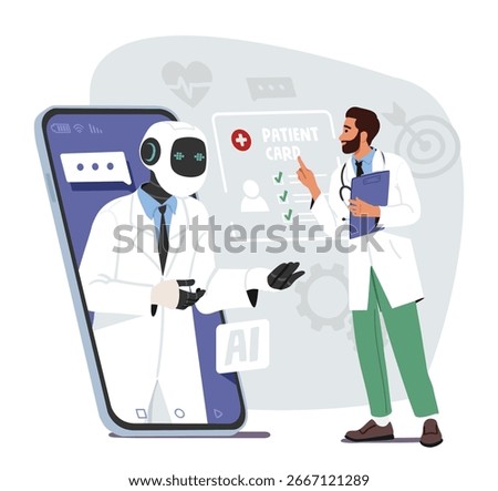 Doctor cartoon character using modern AI technology for health data analysis, reading patient card, checking lab analysis results, making diagnosis scene. Innovations in medicine vector illustration