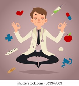 Doctor Cartoon Character Vector Illustration. Yoga, Meditation