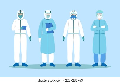 Doctor cartoon characters design with PPE coat ( Personal Protective Equipment ) . Outbreaks concept . Vector .