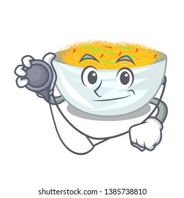 Doctor cartoon fried noodles in a pan