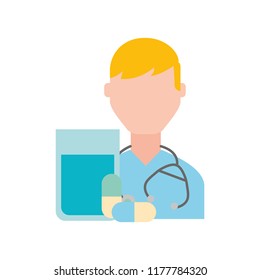 doctor cartoon with stethoscope and water pills