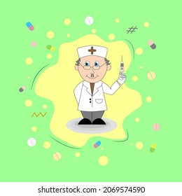 Doctor cartoon  with a syringe on a background of design elements