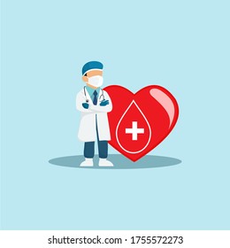 Doctor Cartoon Wearing Mask For World Blood Donor Day. Blood Donor Icon. Blood Donation Medical Poster. Save Human Life Concept. Vector Illustration