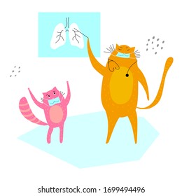 Doctor cat character notifies about the danger of getting pneumonia. Color flat hand drawn vector character illustration.