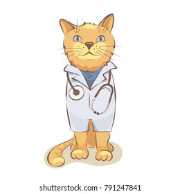 Doctor Cat / Funny vector illustration, Red cat in the uniform of the doctor