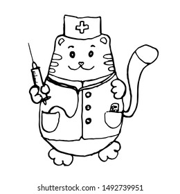 Doctor cat. Hand drawn vector illustration of cute doctor cat with a syringe in his paw. Medical concept.