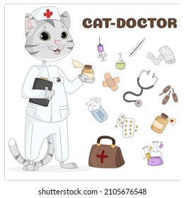 Doctor cat. doctor. Medicine attributes. Syringe, cotton wool, pills, bandage, drugs