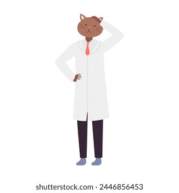 Doctor cat in thinking position. Confused doctor cat in white coat cartoon vector illustration