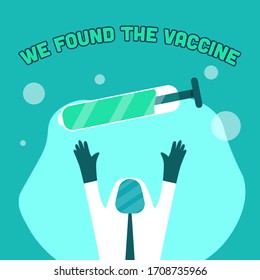 Doctor celebrating because he found the vaccine that can cure corona virus. Flat illustration EPS.10