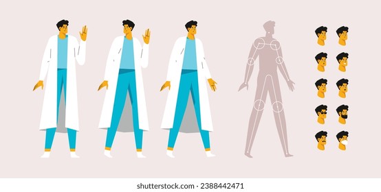 Doctor character for animation. Creation set with various views, face emotions, poses and gestures.