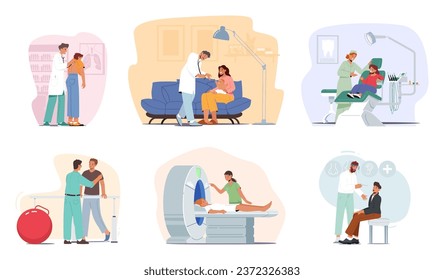 Doctor Character Attentively Listens To Concerned Patients. Pulmonologist, Otolaryngologist, Dentist, Pediatrist, Mri and Rehab Specialists Conduct Medical Checkup. Cartoon People Vector Illustration