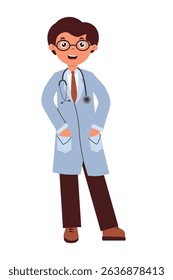 Doctor character in a blue lab coat with a stethoscope standing cheerfully in a playful style. Vector illustration in flat style isolated on white background.