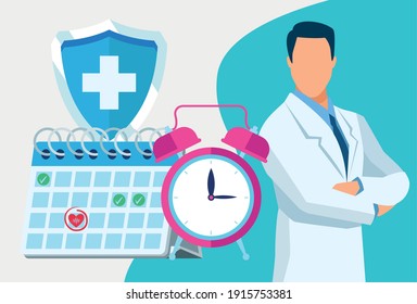 doctor character with calendar and shield vector illustration design