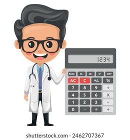 Doctor character cartoon  with a calculator for financial analysis, accounting and budget calculation. Health and medicine concept. Research, science and technology in health
