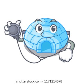 Doctor character cartoon ice house in snowfield
