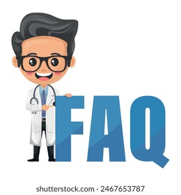 Doctor character cartoon with a stethoscope with giant FAQ letters. Frequently asked questions concept. Health and medicine concept. Research, science and technology in health