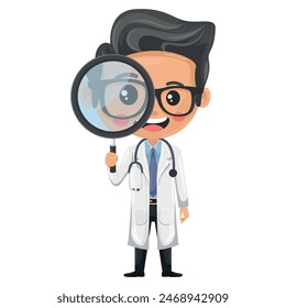 Caricatura del personaje del doctor con un estetoscopio mirando a través de una lupa. Concepto de estudio e investigación médica. Concepto de salud y medicina. Investigación, ciencia y tecnología en salud