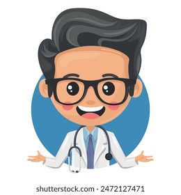 Doctor character cartoon with a stethoscope with open hands. Health and medicine concept. Health professional to perform a medical examination on a patient. Research, science and technology in health