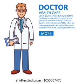 Doctor character cartoon stethoscope.Young man glasses. The treating surgeon in overalls.Healthcare concept. In flat the line an art a vector.Employee of clinic or hospital.