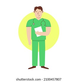 Doctor character cartoon style for medical banner, information card. Professional consultation and medicament recommendation, pharmacist. Vector Illustration 10 eps