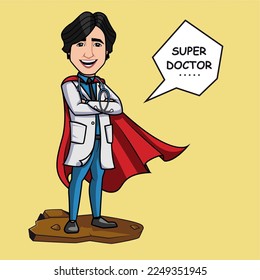 Doctor character cartoon wearing a cape like a super hero