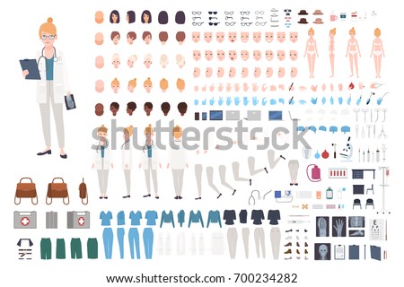 Doctor character constructor. Female doctor creation set. Different postures, hairstyle, face, legs, hands, accessories, clothes collection. Vector cartoon illustration. Woman, front, side, back view.