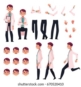Doctor character creation set with different poses, gestures, faces, cartoon vector illustration on white background. Doctor, man in white coat creation set, constructor, changeable face, legs, arms