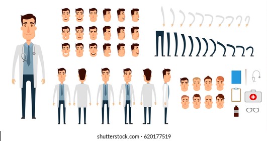 Doctor character creation set. Icons with different types of faces, emotions, clothes. Front, side, back view of male person. Moving arms, legs. Flat and cartoon style. Vector illustration.