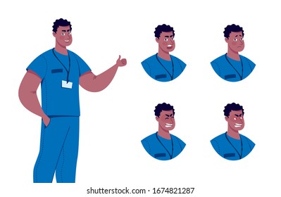 Doctor character creation set with various emotions. Isolated. Male doctor.