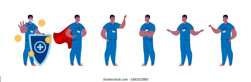 Conjunto de creación de caracteres Doctor con diferentes poses y gestos. Aislado. Médico masculino.
