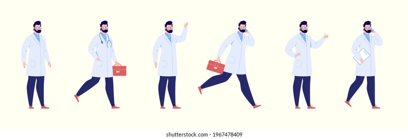 Doctor character creation set with various poses and gestures. Isolated. Male doctor.