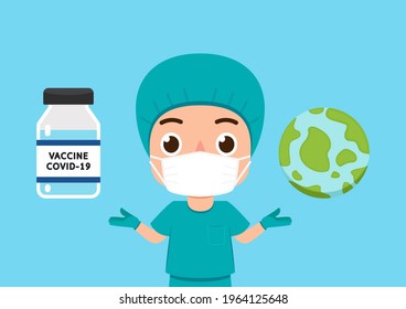 Doctor character design. Doctors character in white medical face mask. Vaccine bottle vector. COVID-19 virus vaccine.
